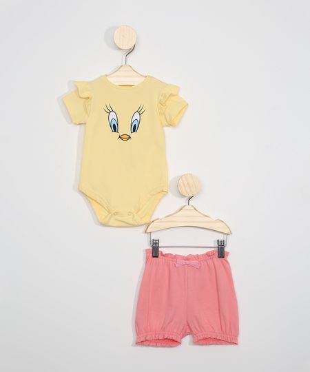 Conjunto-de-Body-Infantil-Piu-Piu--Manga-Curta-Amarelo---Short-Rosa-9975135-Rosa_1