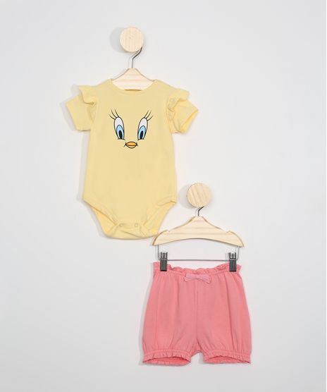 Conjunto-de-Body-Infantil-Piu-Piu--Manga-Curta-Amarelo---Short-Rosa-9975135-Rosa_1