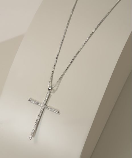 Colar-Feminino-Longo-Pingente-Cruz-com-Strass-Prateado-9976674-Prateado_1