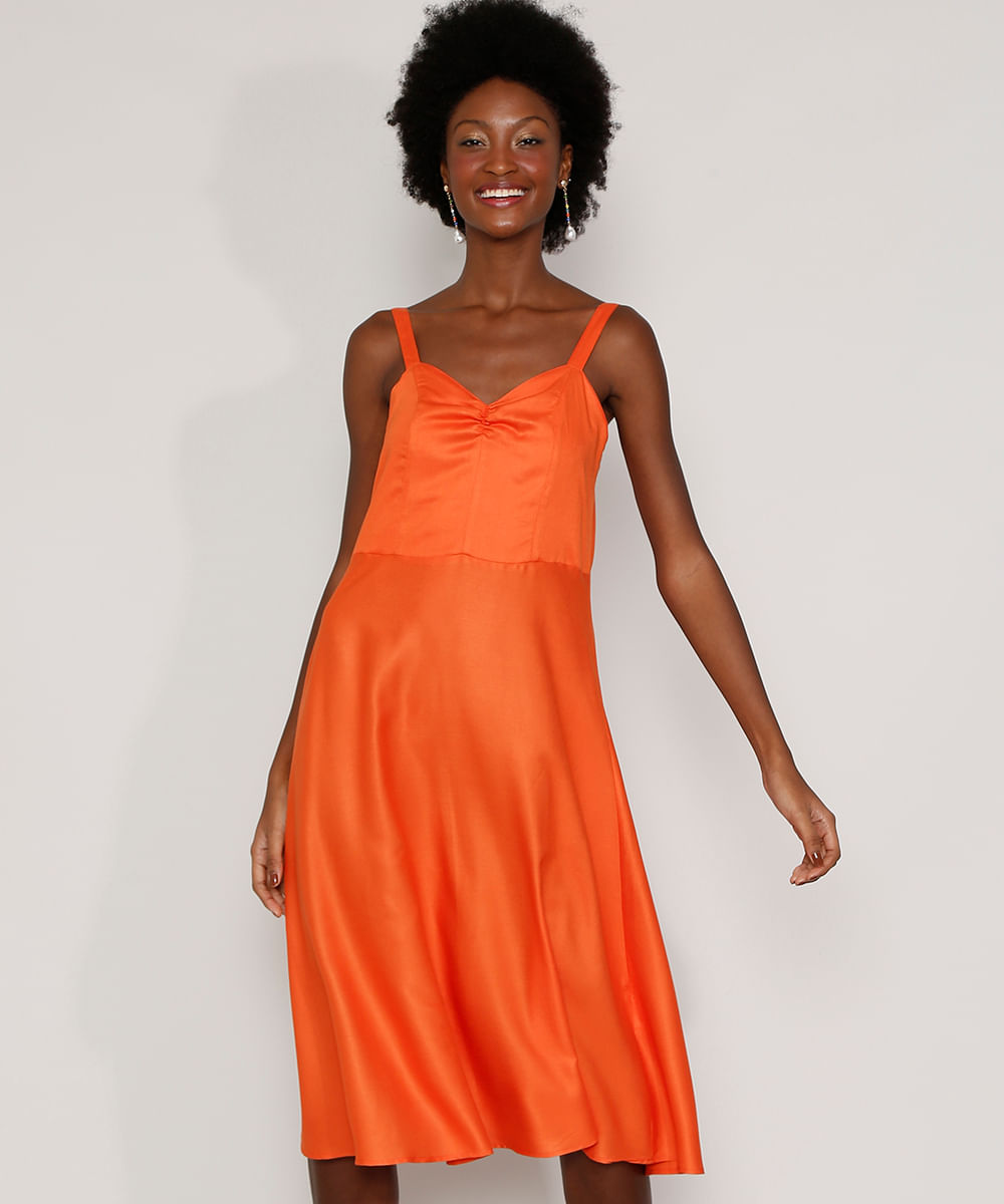 Vestido Feminino Midi Evasê com Franzido Alça Média Laranja