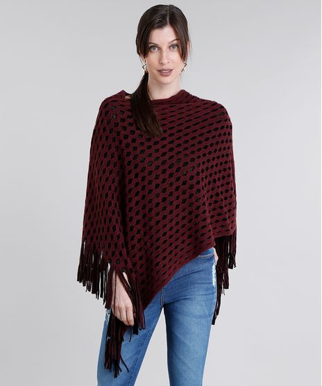 Poncho-Feminino-em-Trico-com-Franjas-Vinho-8482125-Vinho_1
