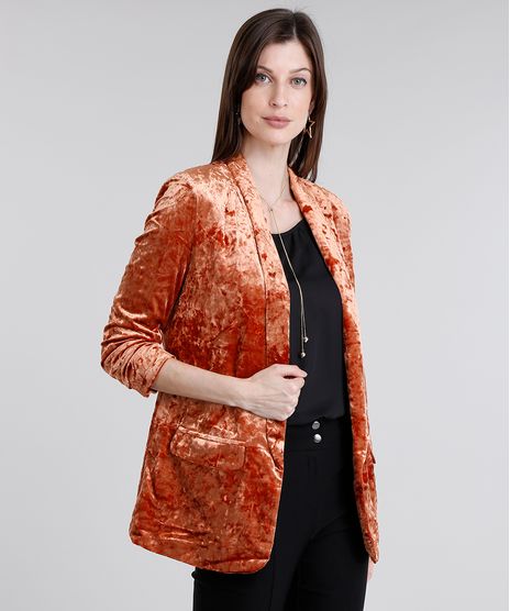 Blazer-Feminino-Boyfriend-em-Veludo-Molhado-Manga-Longa-Laranja-Escuro-8879647-Laranja_Escuro_1