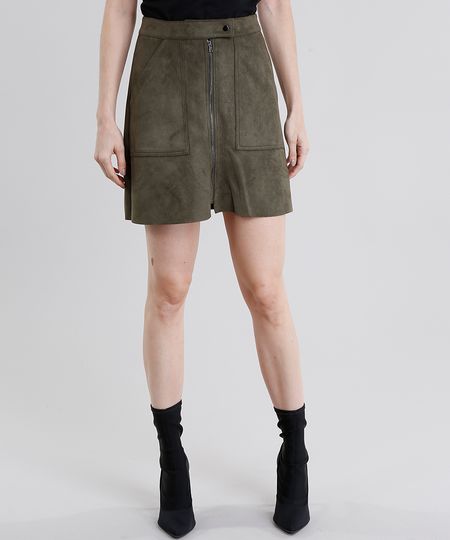 Saia-Feminina-Evase-em-Suede-Curta-com-Ziper-Verde-Militar-8897440-Verde_Militar_1