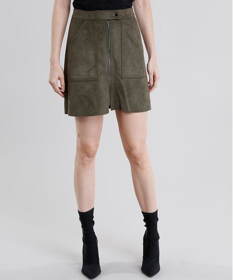 Saia-Feminina-Evase-em-Suede-Curta-com-Ziper-Verde-Militar-8897440-Verde_Militar_1