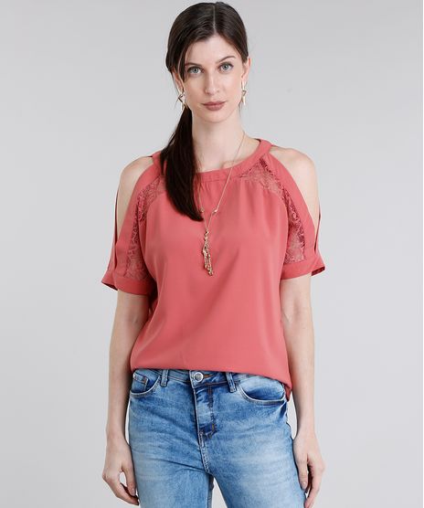 Blusa-Feminina-Open-Shoulder-com-Renda-Manga-Curta-Decote-Redondo-Coral-8881356-Coral_1