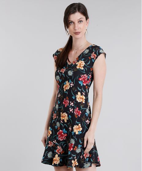 Vestido-Feminino-Estampado-Floral-Curto-Decote-V-com-Babado-Preto-9022343-Preto_1