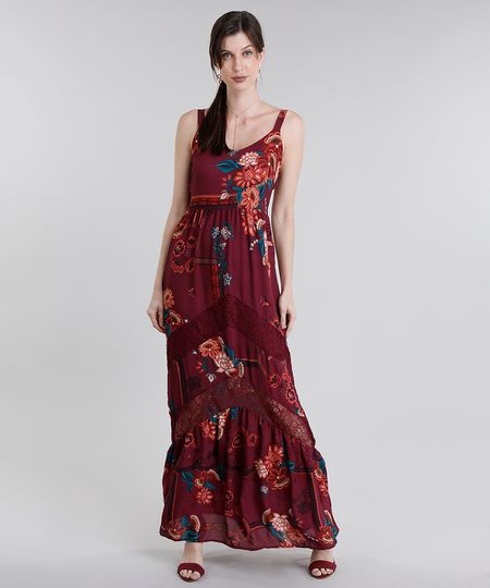 Vestido-Feminino-Longo-Estampado-Floral-com-Renda-de-Alca-Vinho-8883209-Vinho_1