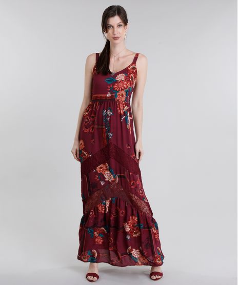 Vestido-Feminino-Longo-Estampado-Floral-com-Renda-de-Alca-Vinho-8883209-Vinho_1