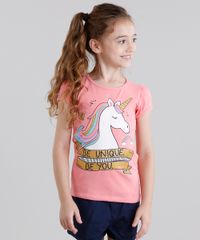Blusa-Infantil--Unicornio--Manga-Curta-Decote-Redondo-em-Algodao---Sustentavel-Rosa-9107643-Rosa_1