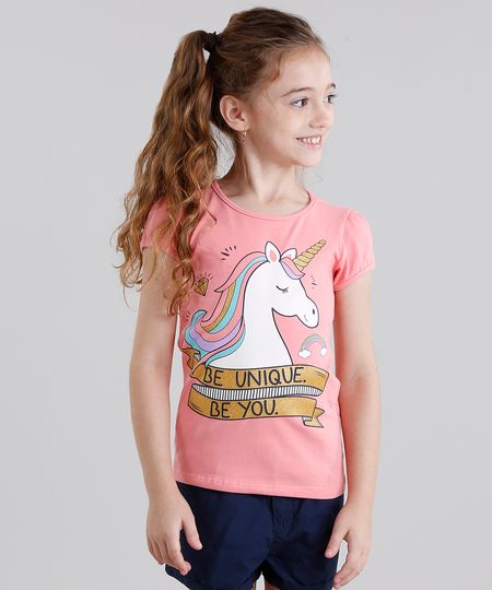 Blusa-Infantil--Unicornio--Manga-Curta-Decote-Redondo-em-Algodao---Sustentavel-Rosa-9107643-Rosa_1