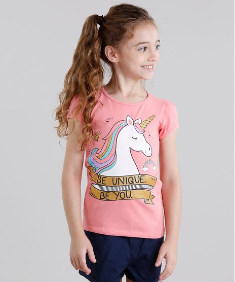 Blusa-Infantil--Unicornio--Manga-Curta-Decote-Redondo-em-Algodao---Sustentavel-Rosa-9107643-Rosa_1