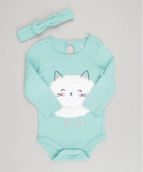 Body-Infantil-Gatinha-Manga-Longa-Decote-Redondo---Faixa-de-Cabelo-em-Algodao---Sustentavel-Verde-8820643-Verde_1