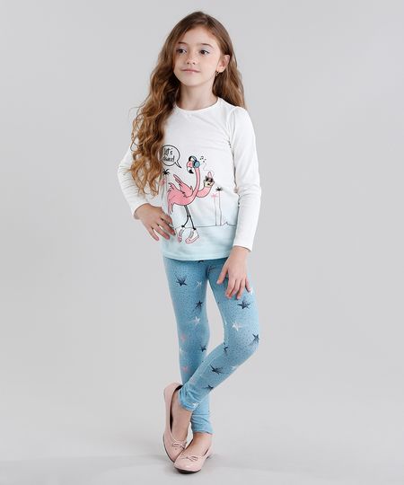 Conjunto-Infantil-de-Blusa-Flamingo-Manga-Longa-Off-White---Calca-Legging-Estampada-em-Algodao---Sustentavel-Azul-9048462-Azul_1