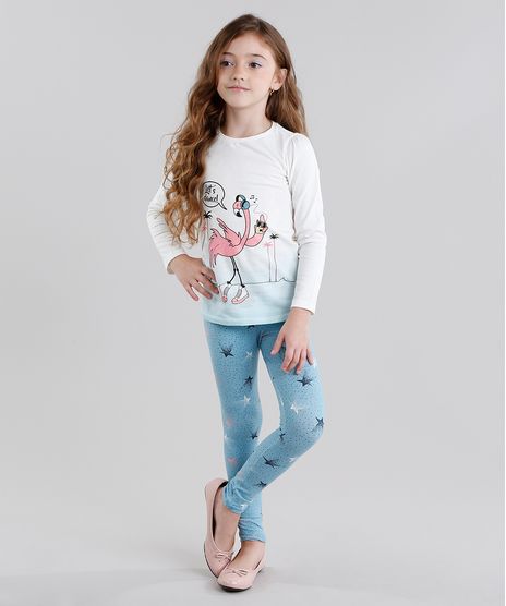 Conjunto-Infantil-de-Blusa-Flamingo-Manga-Longa-Off-White---Calca-Legging-Estampada-em-Algodao---Sustentavel-Azul-9048462-Azul_1