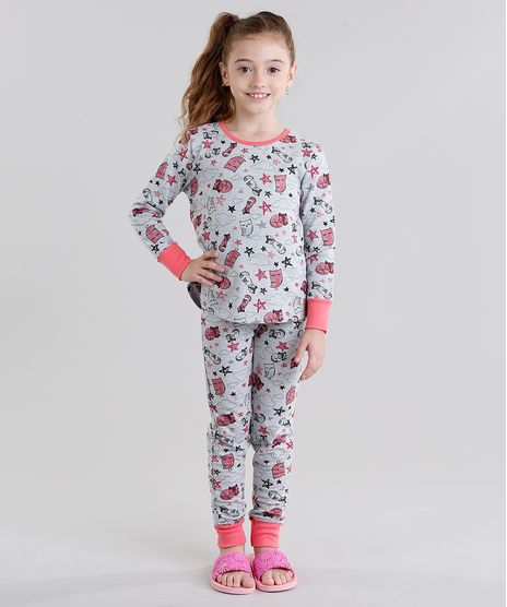 Pijama-Infantil-Estampado-de-Raposas-Manga-Longa-Gola-Redonda-Cinza-Mescla-9045401-Cinza_Mescla_1