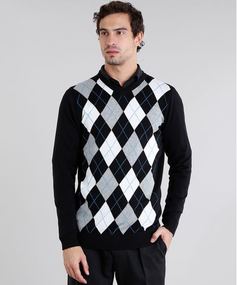 Sueter-Masculino-Xadrez-Argyle-em-Trico-Gola-V-Manga-Longa-Preto-8855363-Preto_1