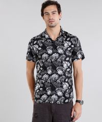 Camisa-Masculina-Estampada-de-Folhagens-Manga-Curta-Preta-9084502-Preto_1