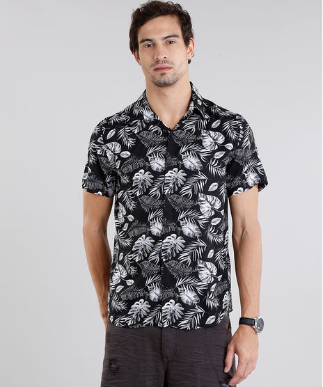 Camisa-Masculina-Estampada-de-Folhagens-Manga-Curta-Preta-9084502-Preto_1