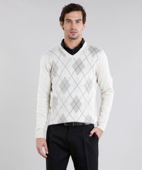 Sueter-Masculino-Estampado-Xadrez-Manga-Longa-Gola-V-Bege-Claro-8855363-Bege_Claro_1