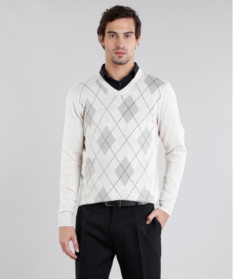 Sueter-Masculino-Estampado-Xadrez-Manga-Longa-Gola-V-Bege-Claro-8855363-Bege_Claro_1