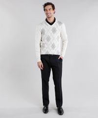 Sueter-Masculino-Estampado-Xadrez-Manga-Longa-Gola-V-Bege-Claro-8855363-Bege_Claro_3