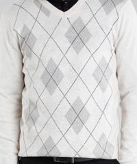 Sueter-Masculino-Estampado-Xadrez-Manga-Longa-Gola-V-Bege-Claro-8855363-Bege_Claro_4