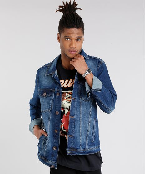 Jaqueta-Jeans-Masculina-Trucker-Manga-Longa-em-Algodao---Sustentavel-Azul-Escuro-9058205-Azul_Escuro_1