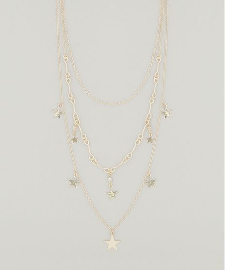 Colar-Feminino-Triplo-com-Pingentes-de-Estrelas-Dourado-9040148-Dourado_1