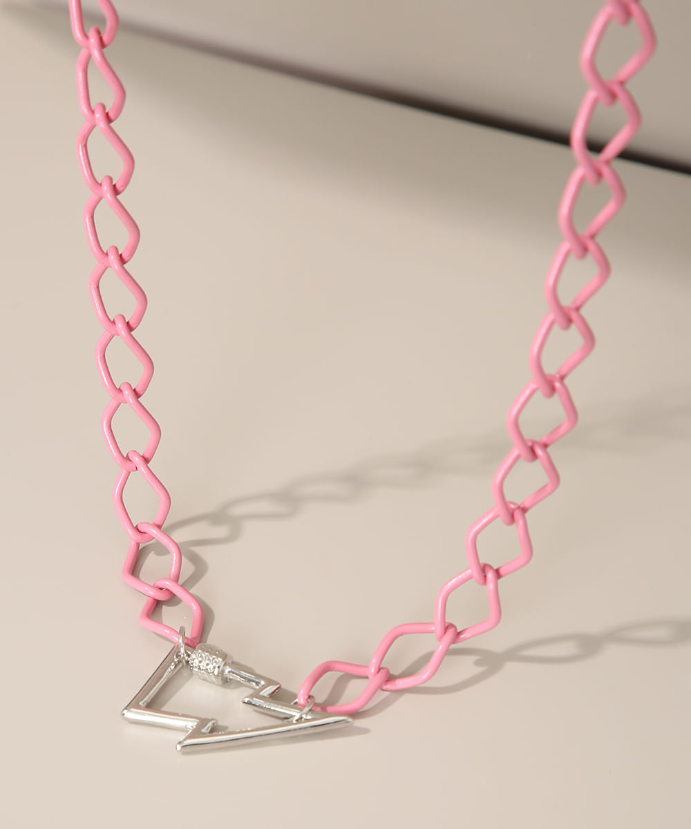 Colar Feminino Corrente com Pingente de Raio Rosa