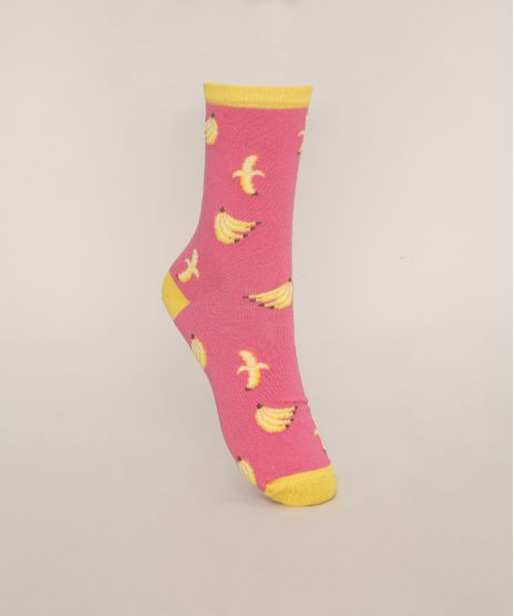 Meia-Feminina-Cano-Alto-Estampada-Bananas-Rosa-9973177-Rosa_1