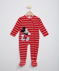 Macacão de Plush Bebê Manga Longa Listrado do Mickey Vermelho