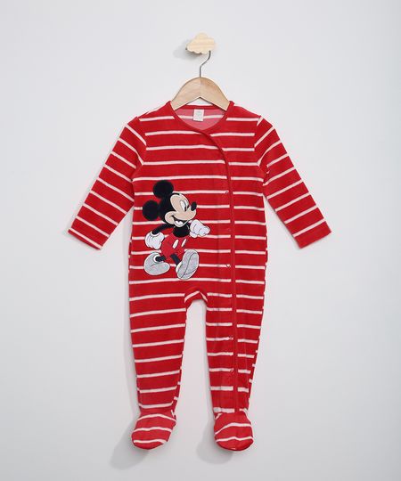 Macacão de Plush Bebê Manga Longa Listrado do Mickey Vermelho