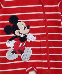Macacão de Plush Bebê Manga Longa Listrado do Mickey Vermelho estampa mickey