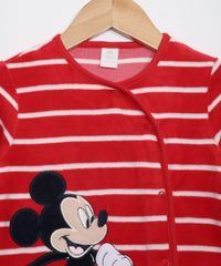 Macacão de Plush Bebê Manga Longa Listrado do Mickey Vermelho detalhe da gola