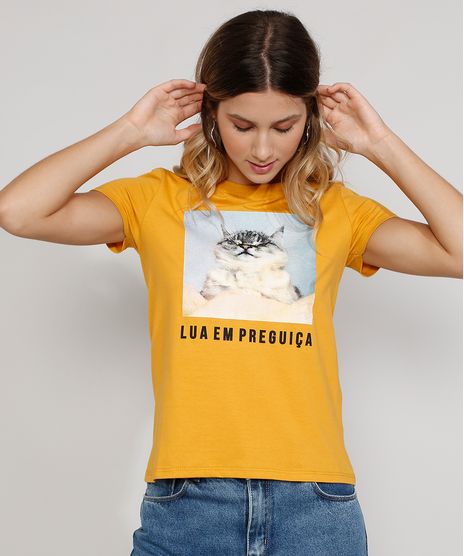 Camiseta-Feminina-Manga-Curta-Gatinho--Lua-em-Preguica---Decote-Redondo-Mostarda-9974746-Mostarda_1
