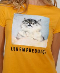 Camiseta-Feminina-Manga-Curta-Gatinho--Lua-em-Preguica---Decote-Redondo-Mostarda-9974746-Mostarda_2