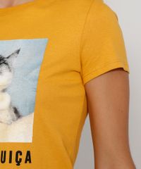 Camiseta-Feminina-Manga-Curta-Gatinho--Lua-em-Preguica---Decote-Redondo-Mostarda-9974746-Mostarda_5