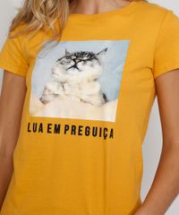 Camiseta-Feminina-Manga-Curta-Gatinho--Lua-em-Preguica---Decote-Redondo-Mostarda-9974746-Mostarda_6