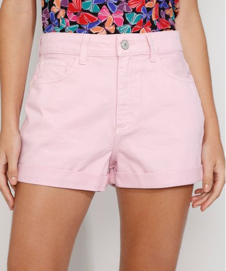 Short-de-Sarja-Feminino-Mom-Cintura-Alta-com-Barra-Dobrada-Rosa-Claro-9976633-Rosa_Claro_1