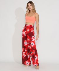 Calca-Feminina-Pantalona-Cintura-Super-Alta-Estampada-Floral-com-Bolsos-Vermelha-Escuro-9975880-Vermelho_Escuro_3