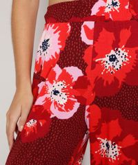 Calca-Feminina-Pantalona-Cintura-Super-Alta-Estampada-Floral-com-Bolsos-Vermelha-Escuro-9975880-Vermelho_Escuro_4