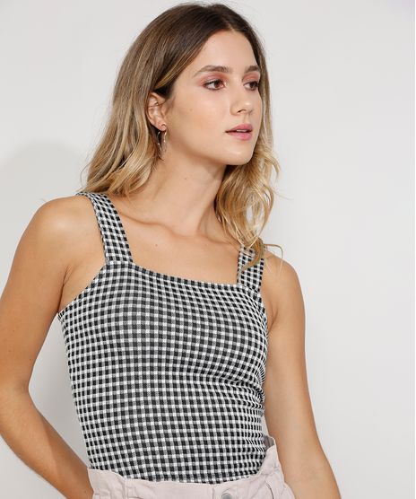 Regata-de-Jacquard-Feminina-Cropped-Estampada-Xadrez-Vichy-Alca-Larga-Decote-Reto-Preta-9979167-Preto_1