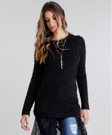 Sueter-Feminino-Longo-Oversized-em-Trico-Manga-Longa-Decote-Redondo-Preto-8892833-Preto_1