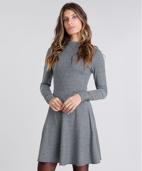 Vestido-Feminino-Gola-Alta-Xadrez-Curto-com-Vazado-Manga-Longa-Preto-9130816-Preto_1