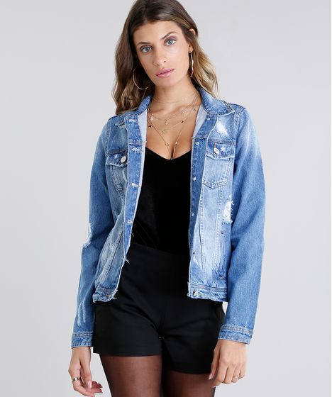 jaqueta jeans longa destroyed