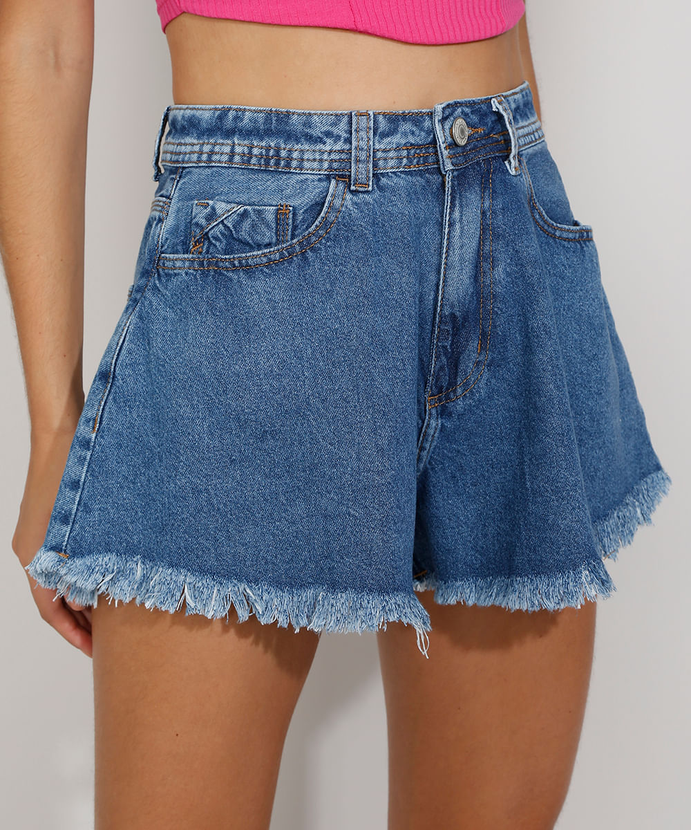 Short Jeans Feminino Destroyed Godê Cintura Super Alta com Bordado Azul Médio