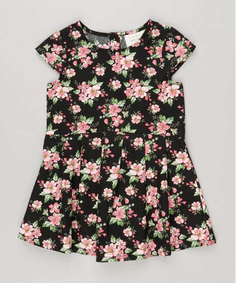 Vestido-Infantil-Estampado-Floral-Manga-Curta-com-Pregas-Preto-8877277-Preto_1