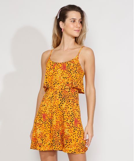 Vestido-Feminino-Curto-Evase-Estampado-Floral-com-Sobreposicao-Alca-Fina-Mostarda-9969493-Mostarda_1