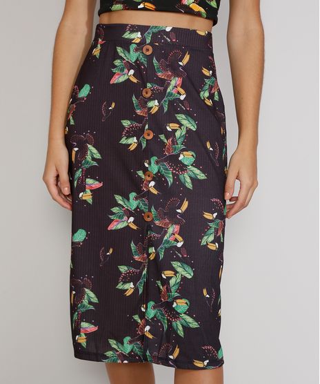 Saia-Feminina-Midi-Canelada-Estampada-de-Tucano-com-Botoes-e-Fenda-Preta-9970705-Preto_1
