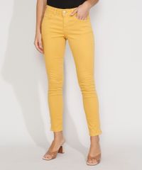 Calca-de-Sarja-Feminina-Super-Skinny-Pull-Up-Cintura-Media-com-Ziper-na-Barra-Mostarda-9978471-Mostarda_1